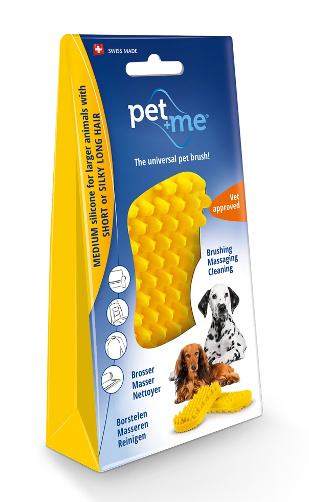 Brosse en silicone pour chien à poils courts, jaune – Pet + Me – Image 1