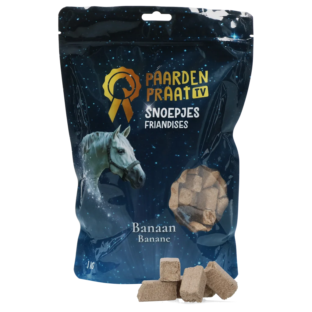 PRAA0013.png Friandises pour chevaux à la banane, 1 kg – Paardenpraat TV – Image 1
