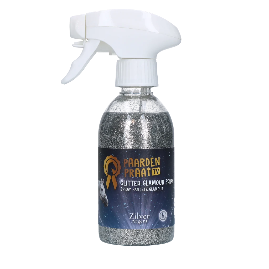 Spray pailleté pour chevaux et poneys, 250 ml – Paardenpraat TV Glitter Glamour Spray argent – Image 1
