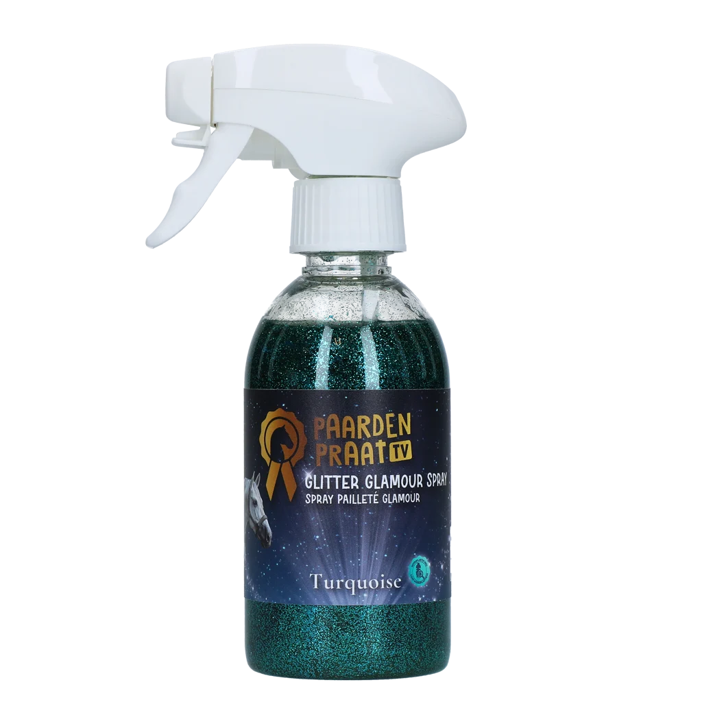 Spray pailleté pour chevaux, turquoise, 250 ml – Paardenpraat TV Glitter Glamour Spray – Image 1