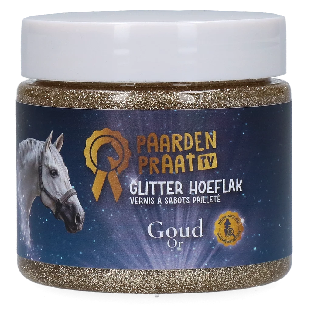 Vernis à sabots pailleté à base d’eau, doré – Paardenpraat TV Glitter Hoeflak – Image 1
