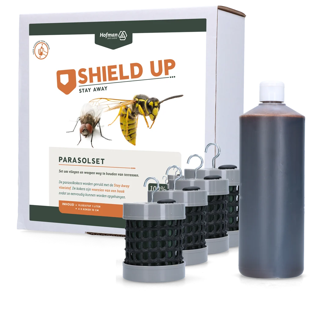 SHIE013.png Kit parasol contre les mouches et les guêpes, 1 l de liquide et 4 tubes – Shield Up Stay Away Parasol Set – Image 1