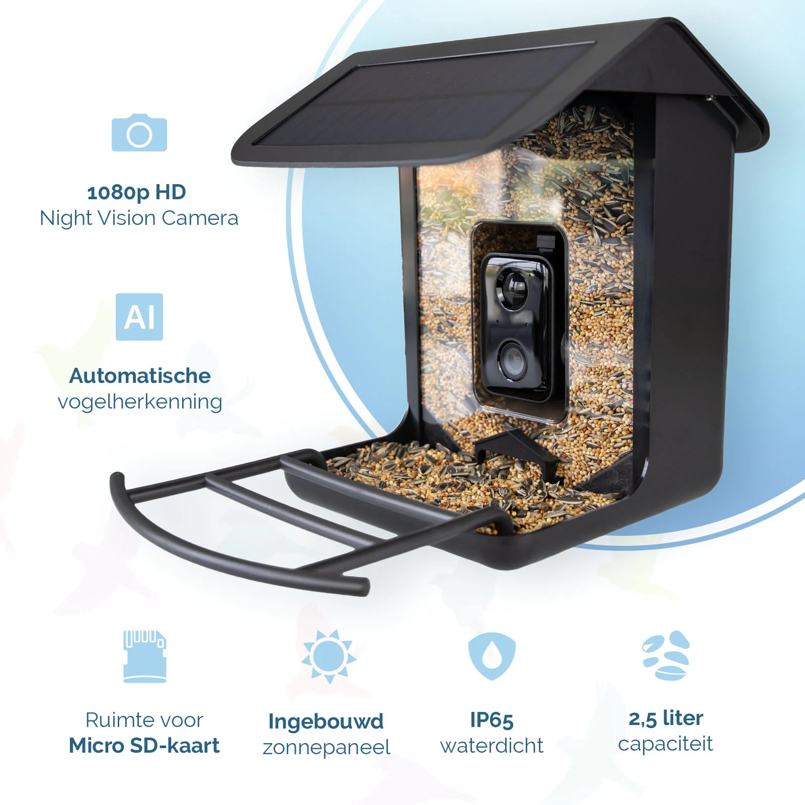 Mangeoire avec caméra et panneau solaire, 1,5 l – Hofman Animal Care AI Bird Feeder – Image 2