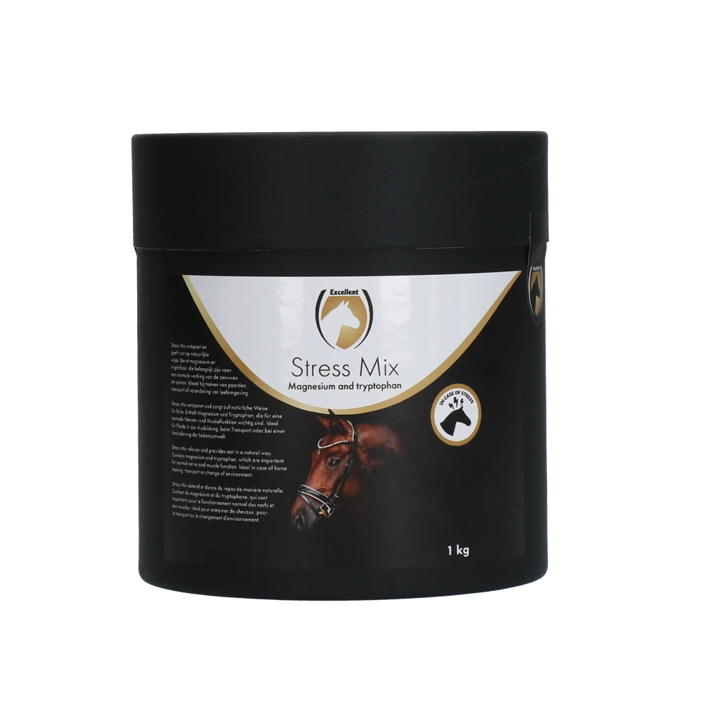 STRE01000E.png Complément anti stress pour chevaux avec L tryptophane et magnésium, 1 kg – Excellent Horse No Stress Mix – Image 1