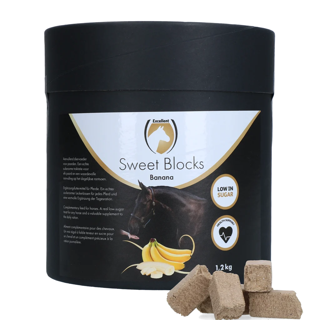 Friandises pour chevaux à la banane, à faible teneur en sucre, 1,2 kg – Excellent Horse Sweet Blocks – Image 1