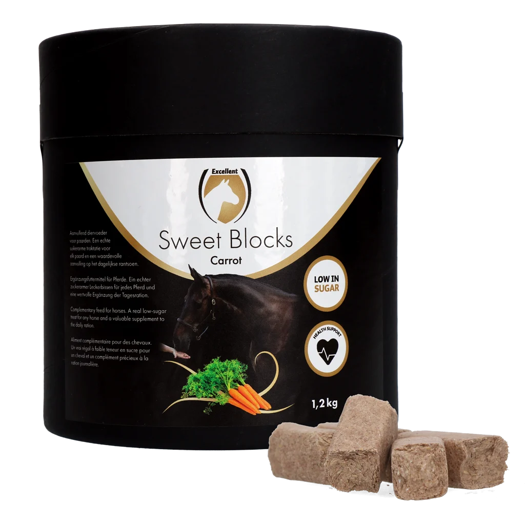 Friandises pour chevaux à la carotte, pauvres en sucre, 1,2 kg – Excellent Horse Sweet Blocks – Image 1