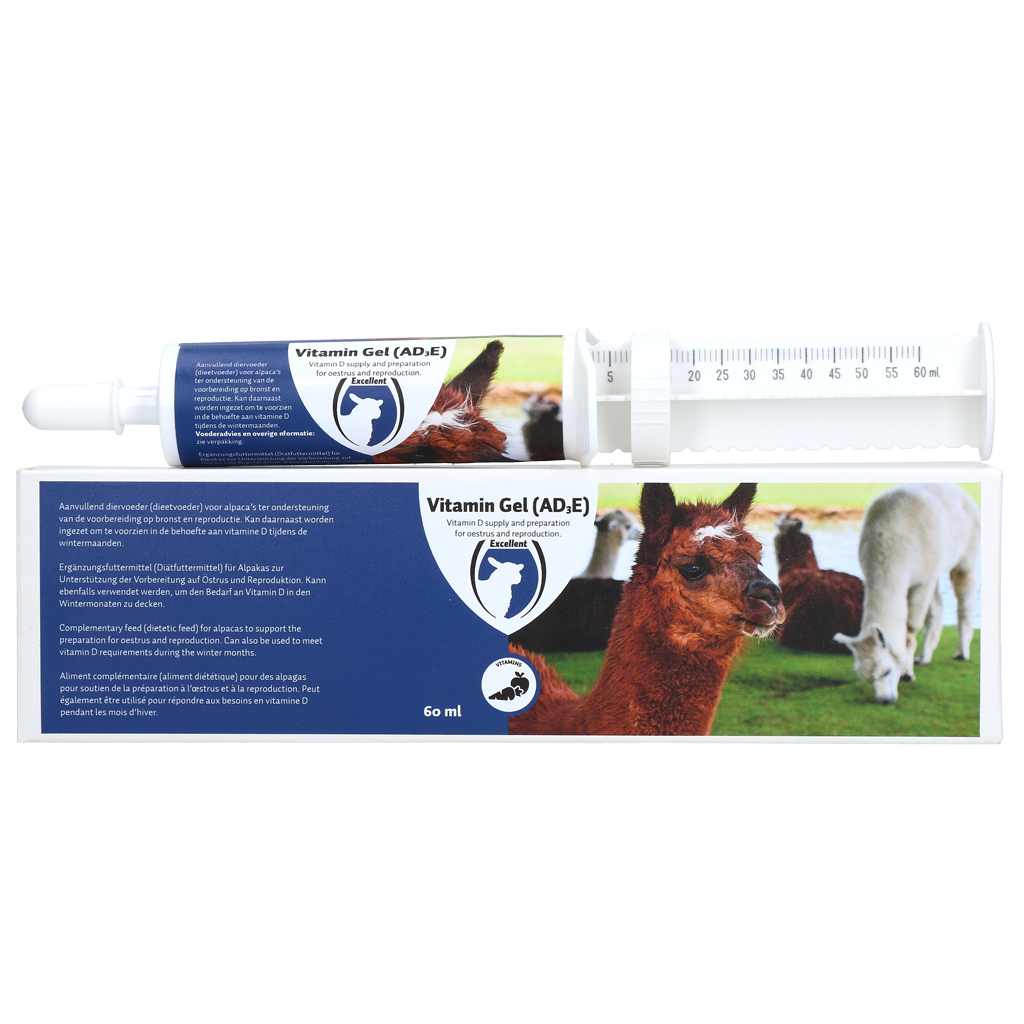Vitaminegel voor Alpaca’s met A, D3 en E, 60 ml – Excellent Vitamine Gel Gel vitaminé pour alpagas avec vitamines A, D3 et E, 60 ml – Excellent Vitamine Gel