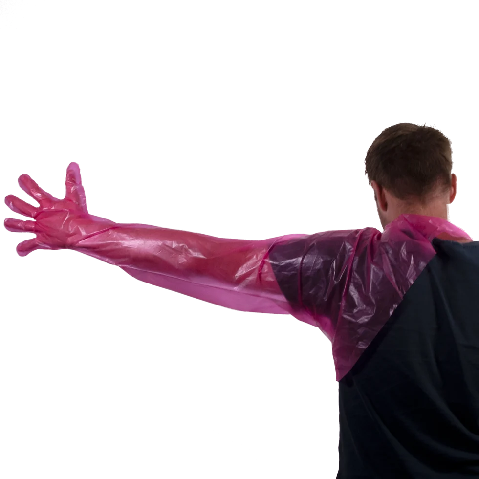 Gant à usage unique avec protection des épaules, rose, 90 cm, 50 pièces – Hofman Animal Care, modèle épaules – Image 1