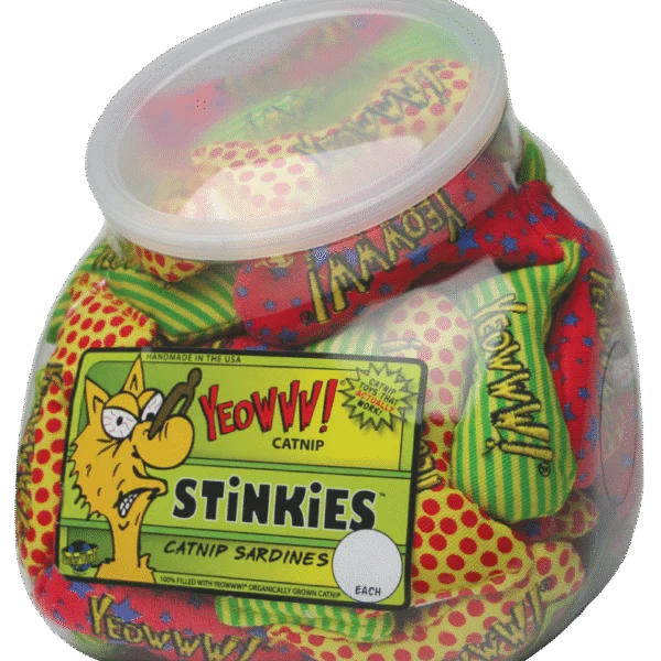 Jouets poissons pour chats à l’herbe à chat, 51 pièces dans un bocal à poissons – Yeowww! Fishbowl of Stinkies
