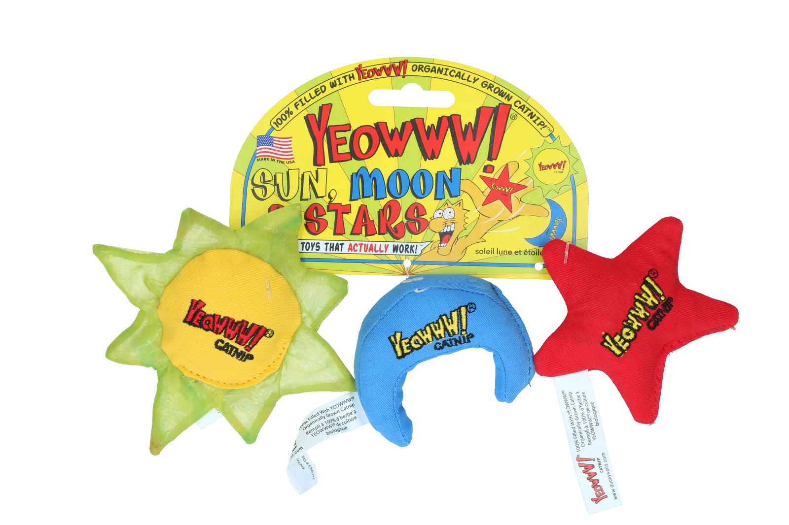 Jouets pour chat Soleil, Lune et Étoiles avec herbe à chat, 3 pièces d’environ 8 à 10 cm – Yeowww! Sun Moon and Stars – Image 2