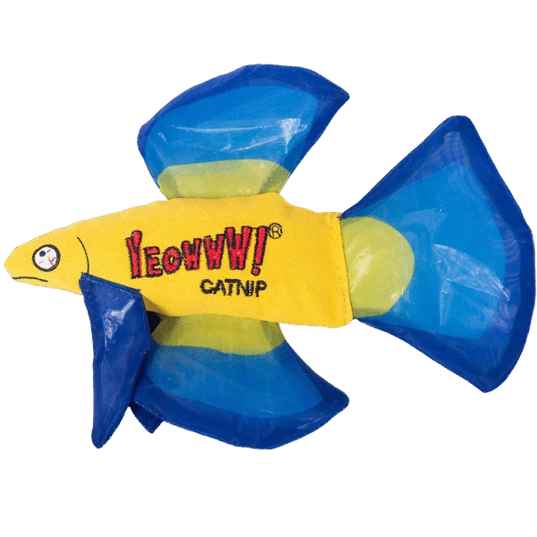 Poisson jouet pour chats avec cataire et nageoires crépitantes, bleu, 17 x 12 cm – Yeowww! Mo Betta Fish