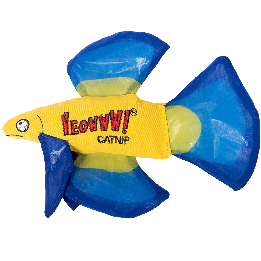 YEOW044A.png Poisson jouet pour chats avec cataire et nageoires crépitantes, bleu, 17 x 12 cm – Yeowww! Mo Betta Fish – Image 1