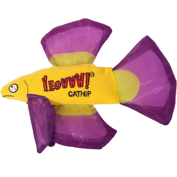 Poisson jouet pour chat avec herbe à chat et nageoires crépitantes, violet, 17 x 12 cm – Yeowww! Mo Betta Fish