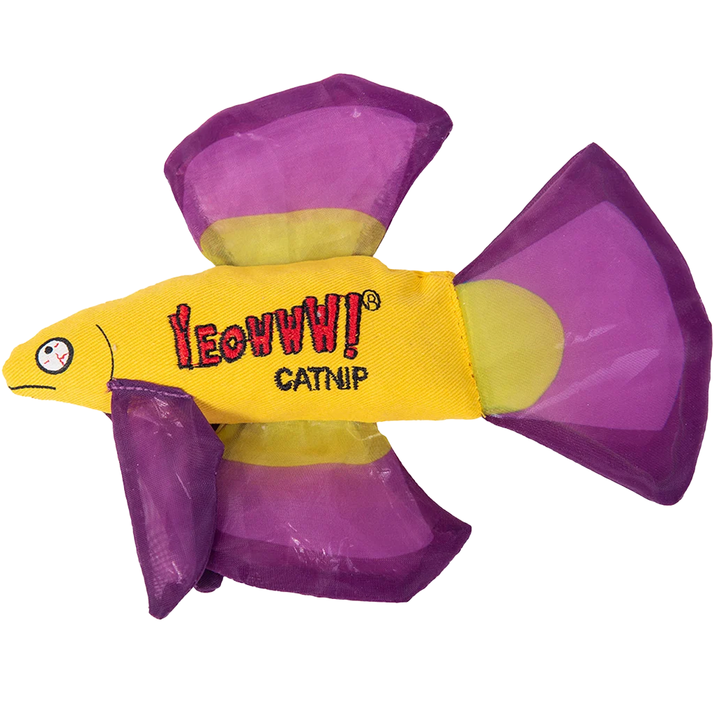 YEOW044B.png Poisson jouet pour chat avec herbe à chat et nageoires crépitantes, violet, 17 x 12 cm – Yeowww! Mo Betta Fish – Image 1