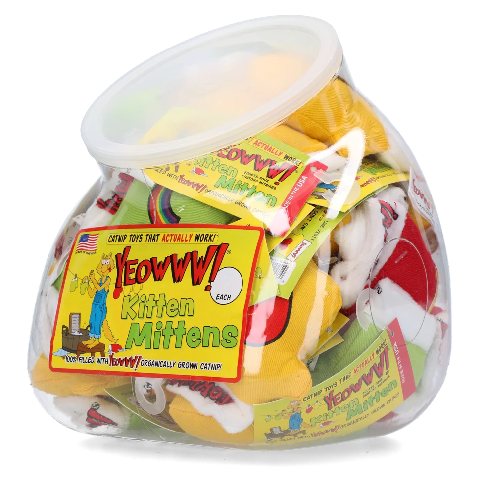 Petites moufles de jeu pour chat avec herbe à chat, 30 pièces en pot, 8 cm – Yeowww! Kitten Mittens – Image 1