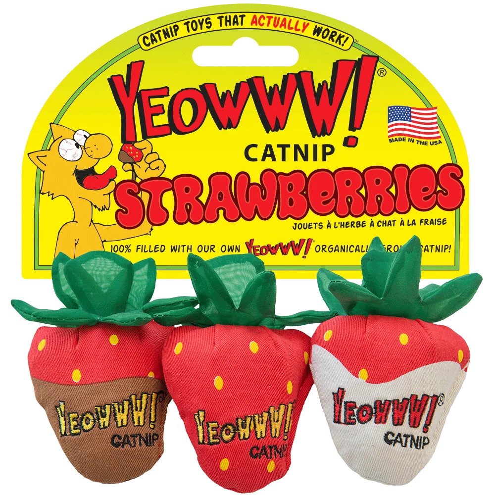 Jouet pour chat fraise à l’herbe à chat et aux feuilles bruissantes, 3 pièces – Yeowww! Strawberry 3-pack – Image 1