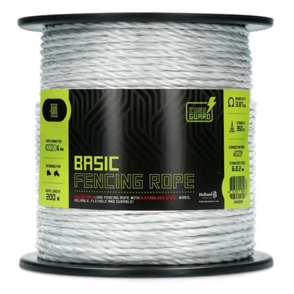 Corde électrifiable blanche 6 mm avec 6 fils en acier inoxydable, 200 m – ZoneGuard Basic