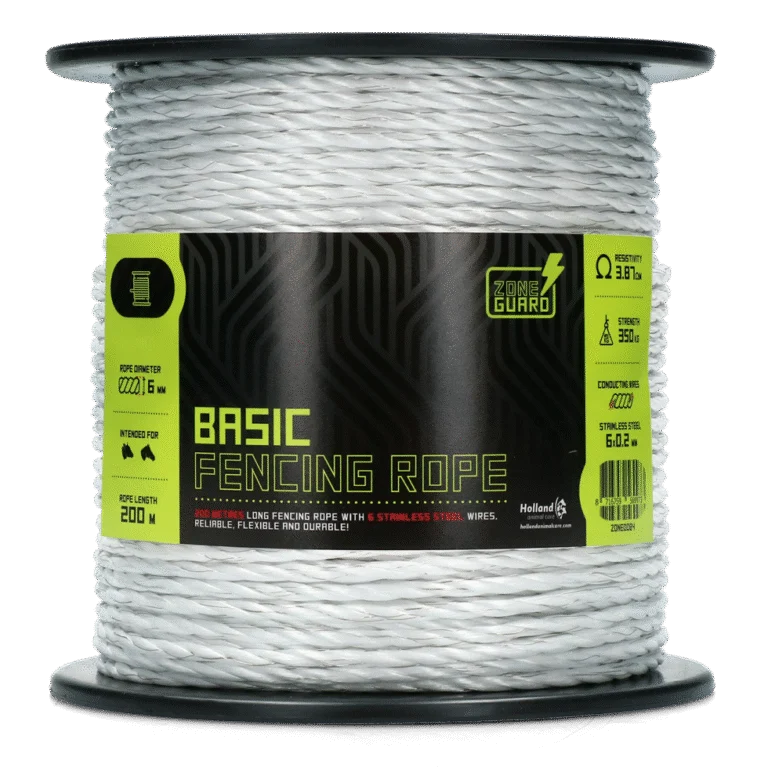 Corde électrifiable blanche 6 mm avec 6 fils en acier inoxydable, 200 m – ZoneGuard Basic