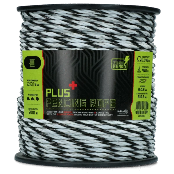 Cordon électrifiable 6 mm noir et blanc avec 9 conducteurs, 200 m – ZoneGuard Plus