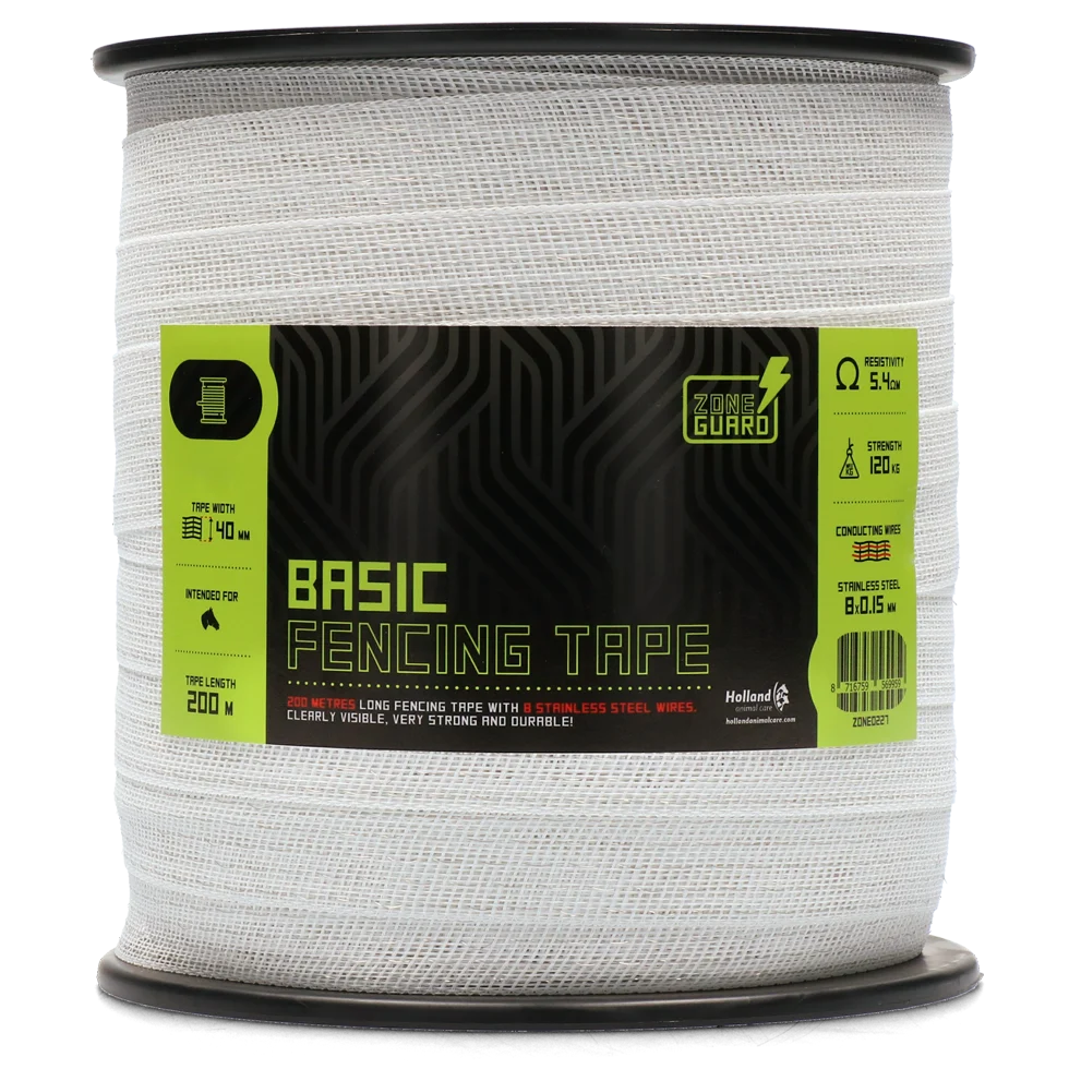 ZONE0227.png Ruban électrifiable 40 mm blanc avec 8 fils en acier inoxydable, 200 m – ZoneGuard Basic – Image 1