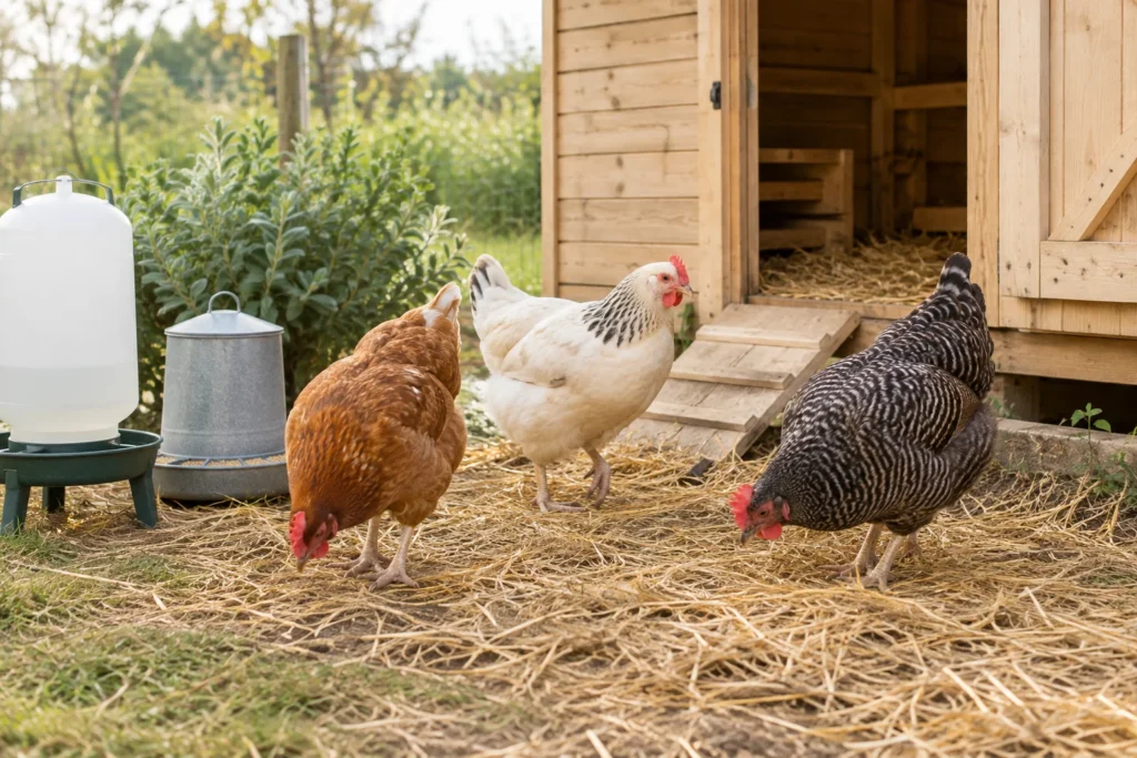Trois poules grattent la paille près d’un poulailler en bois, avec une mangeoire et un abreuvoir à côté.