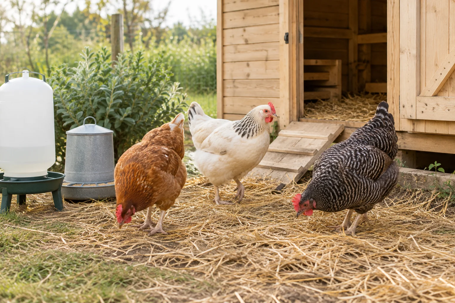 Trois poules grattent la paille près d’un poulailler en bois, avec une mangeoire et un abreuvoir à côté.