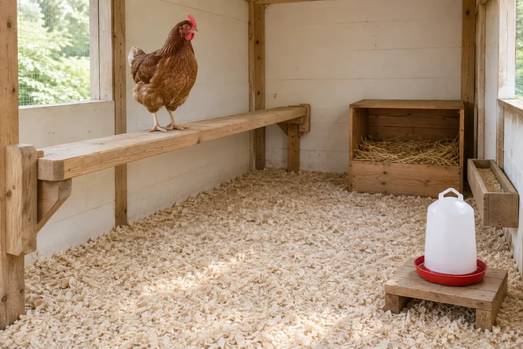 Poule brune sur un perchoir en bois dans un poulailler avec un pondoir, une mangeoire et un abreuvoir.