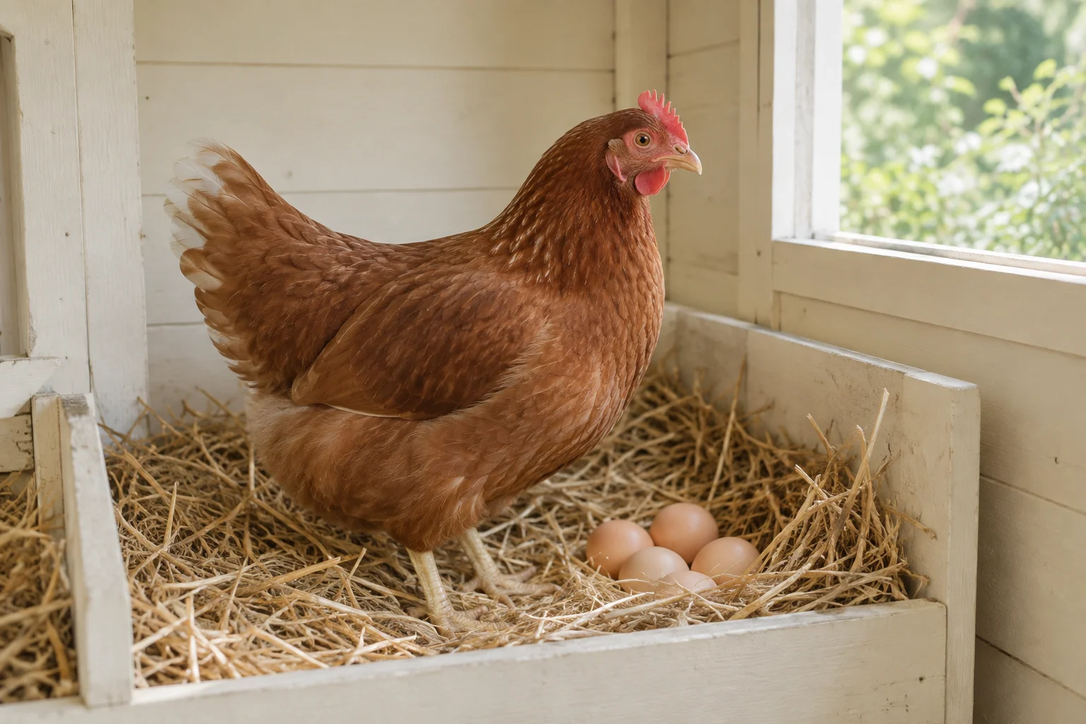 Une poule brune se tient près de plusieurs œufs dans un nid garni de paille.
