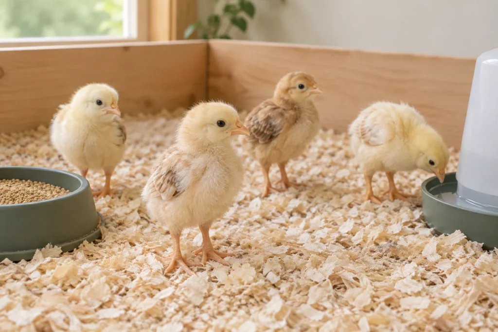 Quatre poussins sur des copeaux de bois dans un espace en bois, avec de la nourriture à gauche et un abreuvoir à droite.