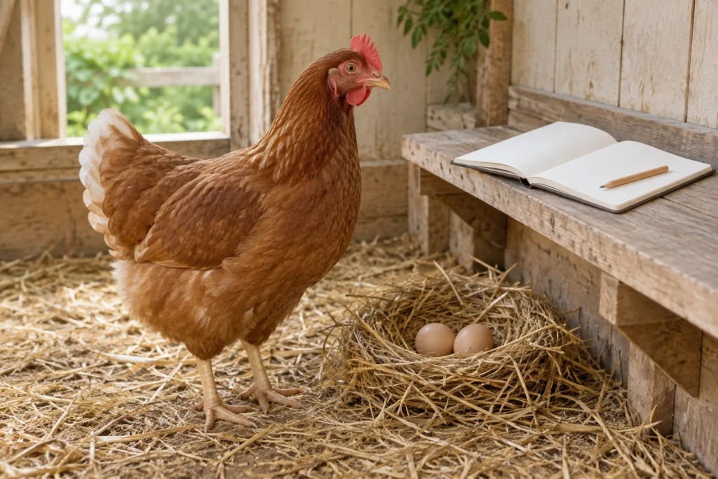 Poule brune près d’un nid contenant deux œufs ; sur une planche en bois se trouvent un carnet vierge et un crayon.