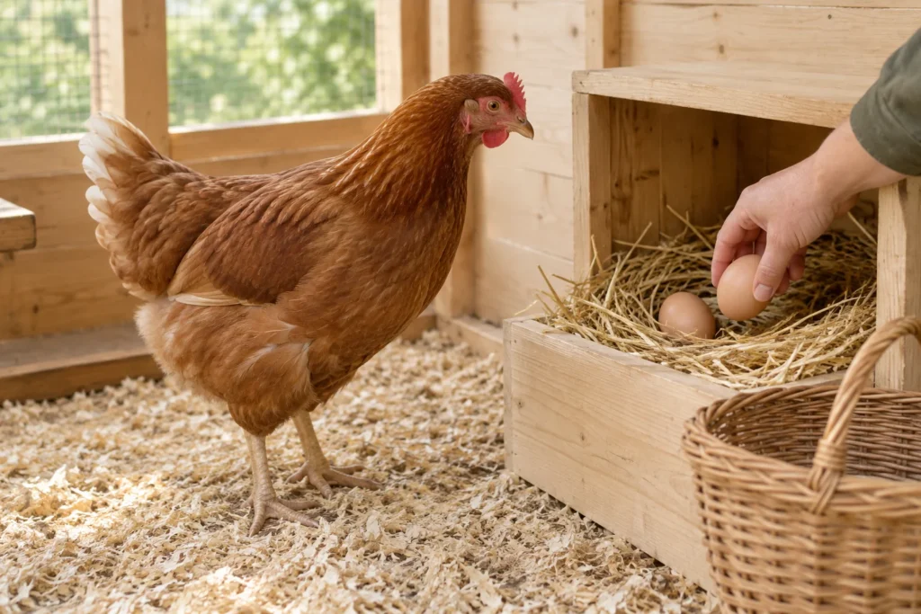 Poule brune près d’un pondoir en bois garni de paille, tandis qu’une main ramasse un œuf. Un panier en osier se trouve devant.