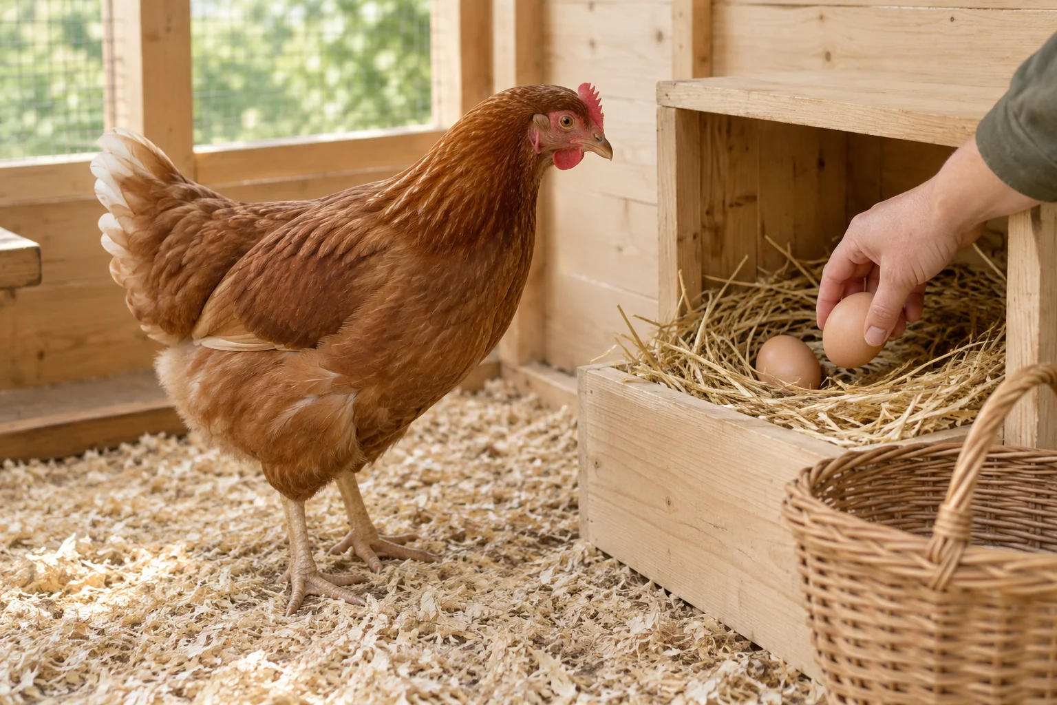 Poule brune près d’un pondoir en bois garni de paille, tandis qu’une main ramasse un œuf. Un panier en osier se trouve devant.