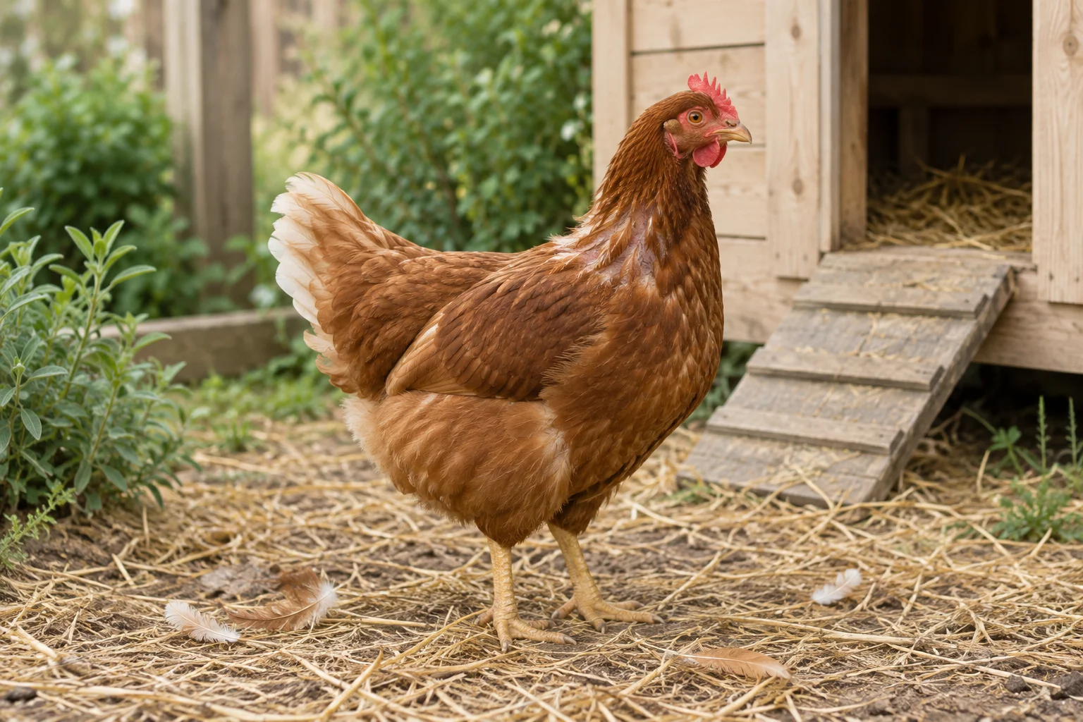 Une poule brune aux plumes un peu irrégulières autour du cou se tient parmi des plumes tombées devant un poulailler en bois.