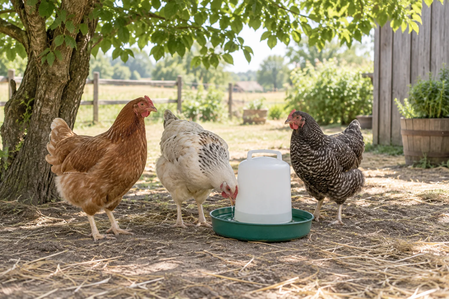 Trois poules se tiennent à l’ombre d’un arbre près d’un abreuvoir ; l’une d’elles boit.