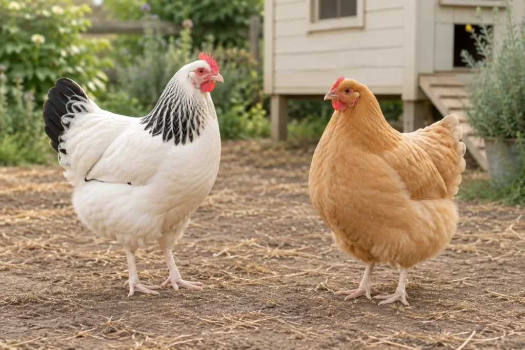 Une poule blanche aux plumes noires sur le cou et la queue se tient à côté d’une poule brun clair dans un parcours près d’un poulailler en bois.