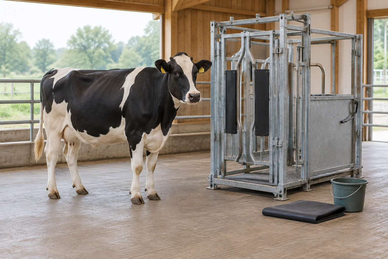 Une vache pie noire se tient dans une étable à côté d’une cage de parage vide, d’un seau et d’un tapis plié.