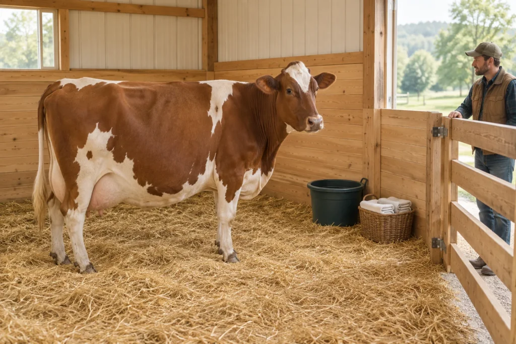 Vache brune et blanche dans une étable paillée, à côté d’un seau et d’un panier contenant des linges pliés. Une personne se tient de l’autre côté de la barrière.