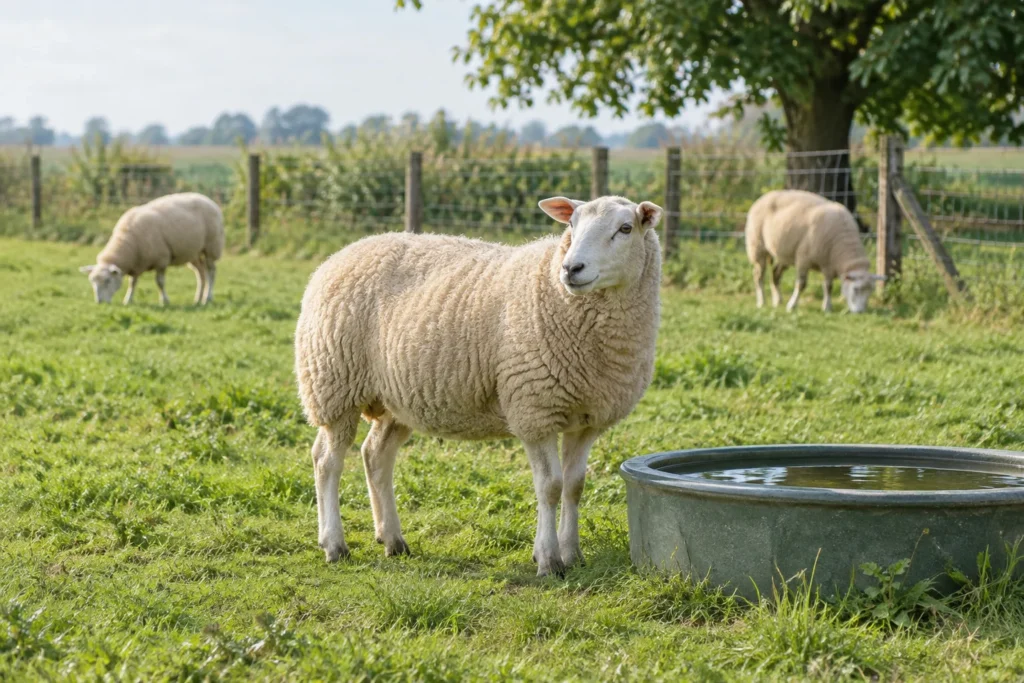 Trois moutons dans une pâture verdoyante ; celui au premier plan se tient près d’un bac à eau, avec une clôture en arrière de la scène.