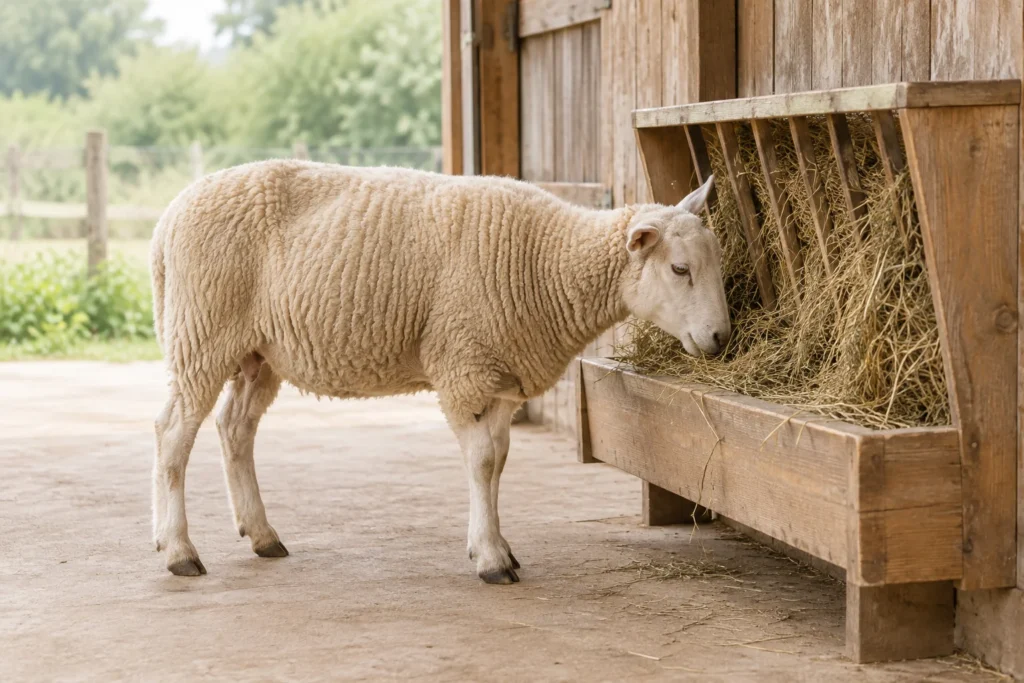 Un mouton blanc, dont les quatre pattes sont visibles, se tient près d’une mangeoire en bois remplie de foin.