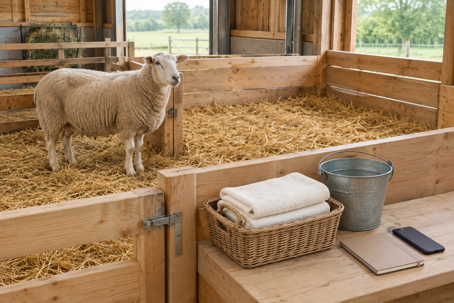 Un mouton dans une bergerie en bois avec de la paille ; sur une table se trouvent un panier de serviettes propres, un seau, un carnet fermé et un téléphone.