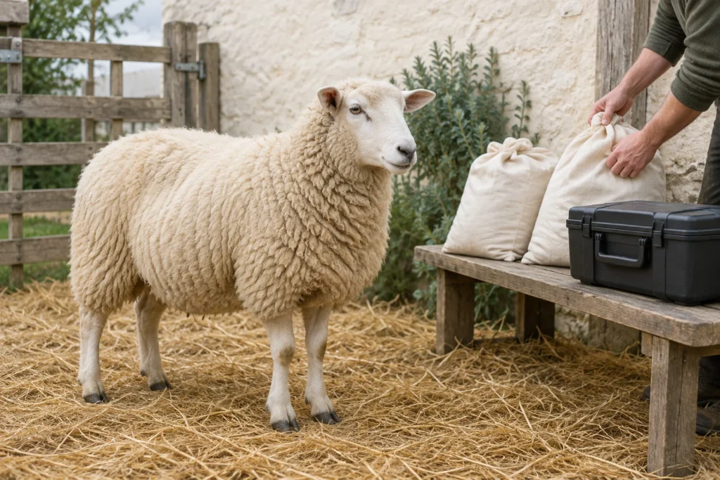 Un mouton à la toison épaisse se tient sur de la paille à côté d’un banc en bois où sont posés des sacs en tissu et une mallette fermée. Une personne tient l’un des sacs.