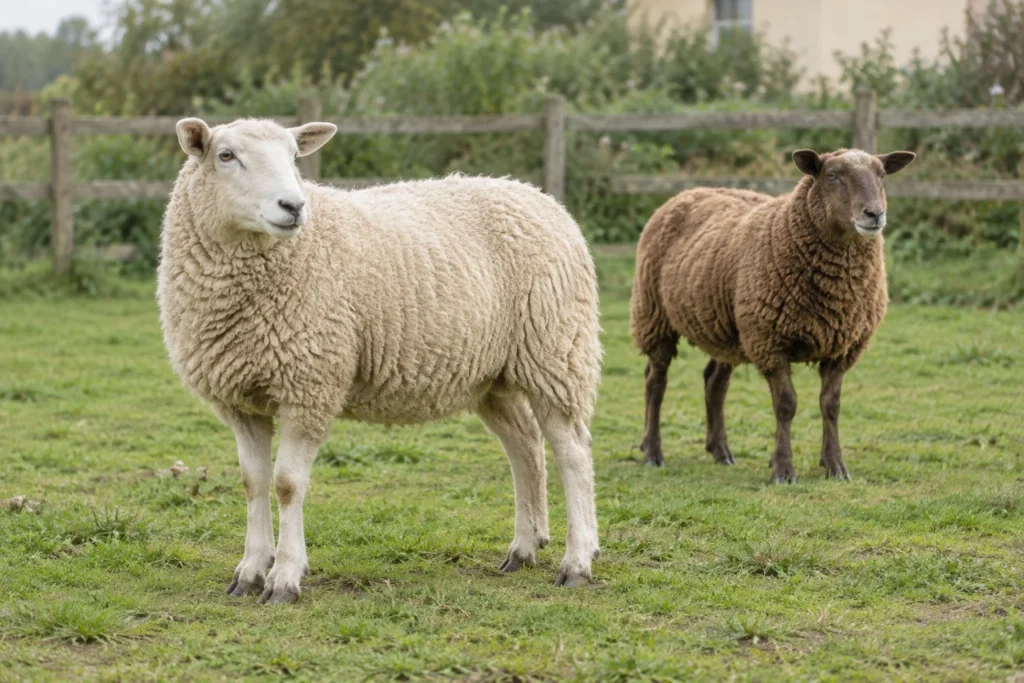 Un mouton blanc se tient devant un mouton brun dans une pâture herbeuse avec une clôture en bois.