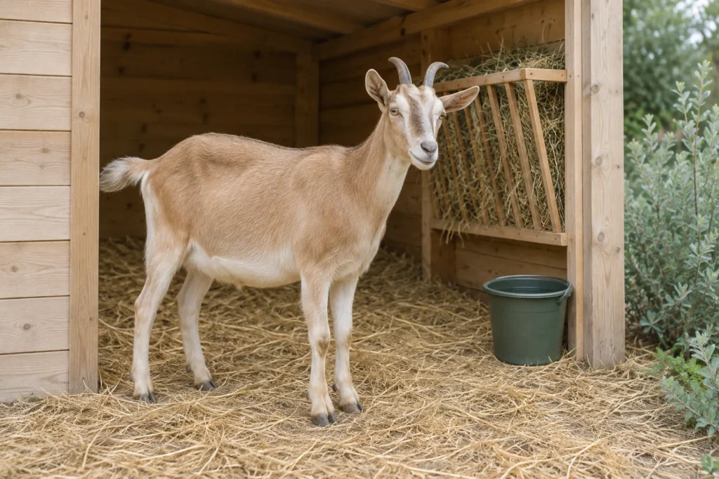 Une chèvre brun clair se tient sur de la paille dans un abri en bois, à côté d’un râtelier à foin et d’un seau d’eau.