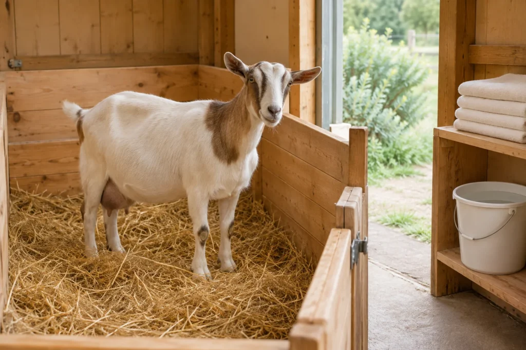 Une chèvre se tient sur de la paille dans une étable en bois. Des linges pliés et un seau sont posés sur une étagère.