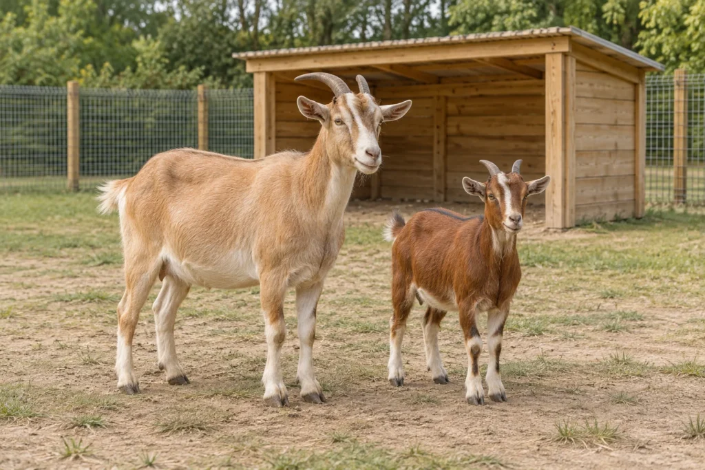 Deux chèvres de tailles différentes dans un pré clôturé, près d’un abri en bois.