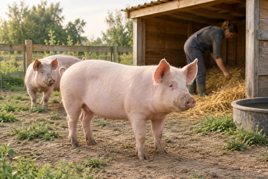 Deux porcs près d’un abri en bois, tandis qu’une personne vérifie la paille dans leur espace.