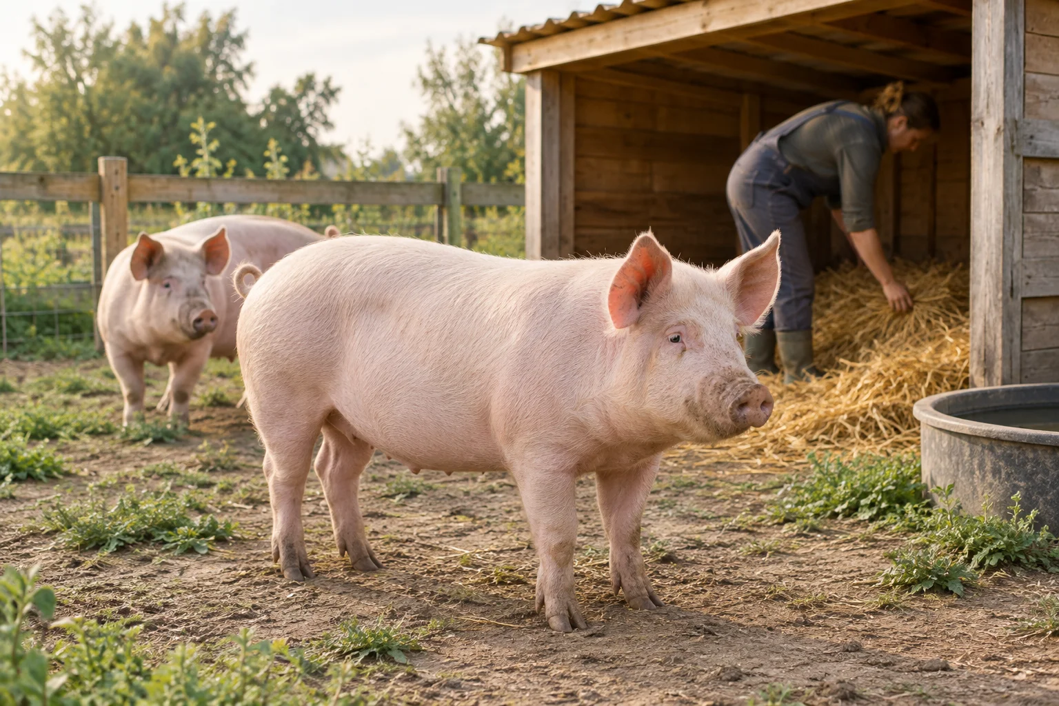 Deux porcs près d’un abri en bois, tandis qu’une personne vérifie la paille dans leur espace.