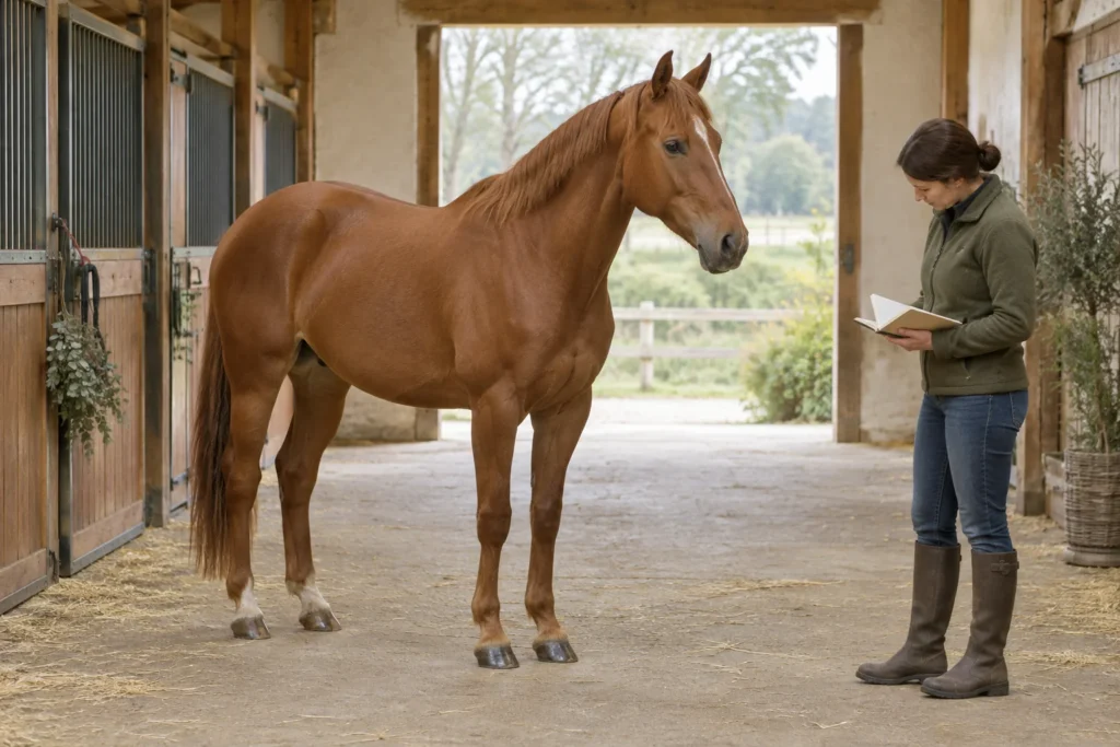 Un cheval brun se tient dans une allée d’écurie, ses quatre sabots visibles, à côté d’une personne chargée de ses soins tenant un carnet ouvert.