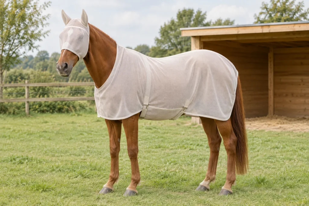 Cheval brun portant un masque antimouches clair et une couverture antimouches dans un pré, à côté d’un abri en bois.