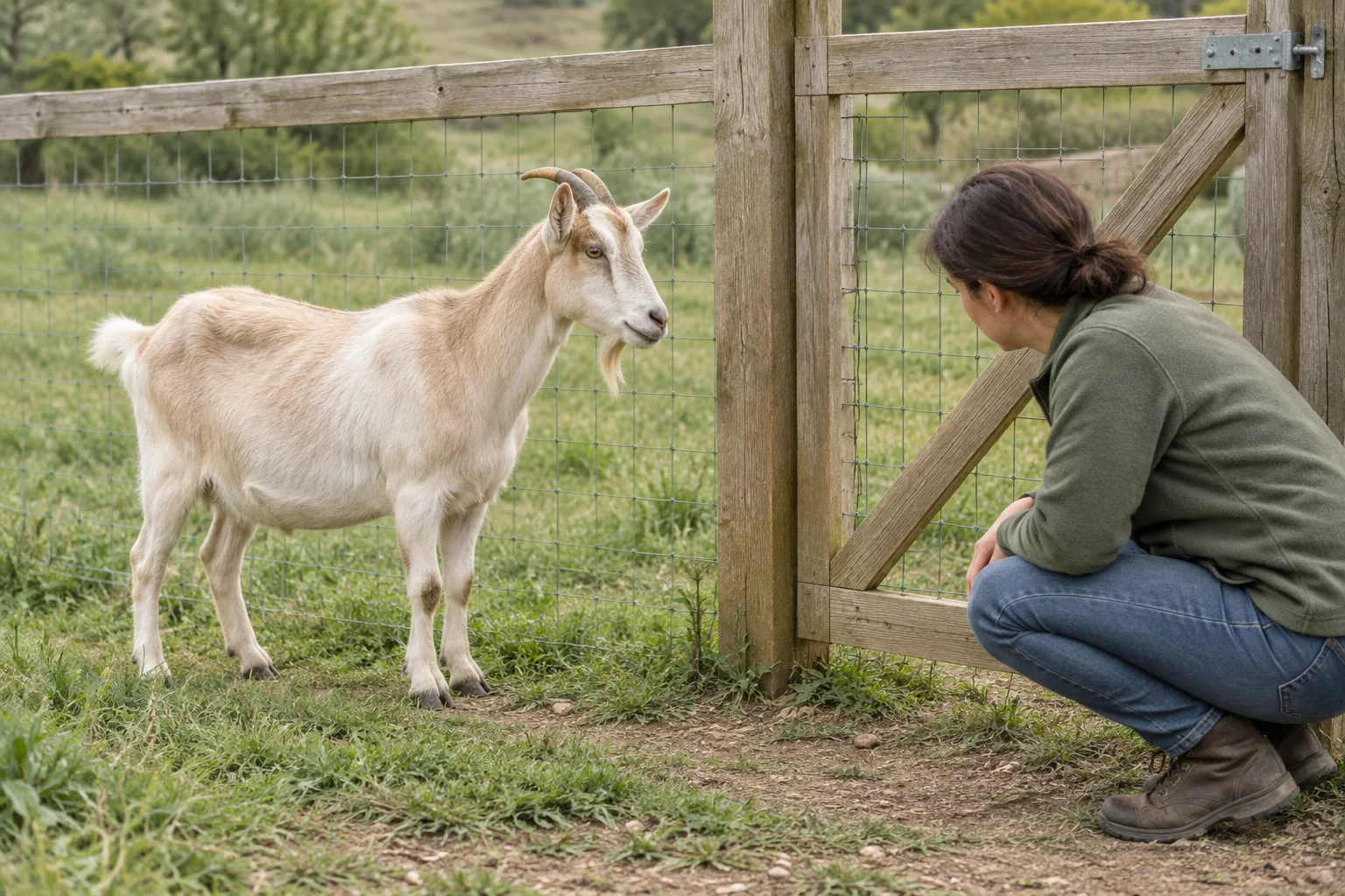 Une chèvre de couleur claire se tient près d’une clôture en bois avec du grillage, tandis qu’une personne accroupie regarde le bas du portail fermé.